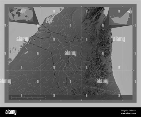 Sharjah, emirate of United Arab Emirates. Grayscale elevation map with lakes and rivers. Corner ... - map of sharjah united arab emirates