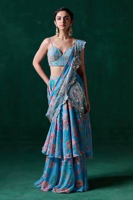 Buy Blue Chiffon Cut Work, Embroidery, Floral Ruffle Pre-draped Saree ...