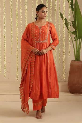 Buy Orange Chanderi, Cotton Embroidery, Metallic Thread, Burnt Zardozi ...