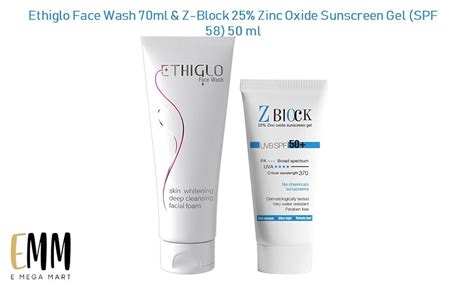 Ethiglo Face Wash 70ml and Z-Block 25% Zinc Oxide Sunscreen Gel, SPF 58 ...