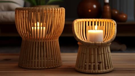 Rattan candle holders on wooden table vray tracing style | Premium AI ...