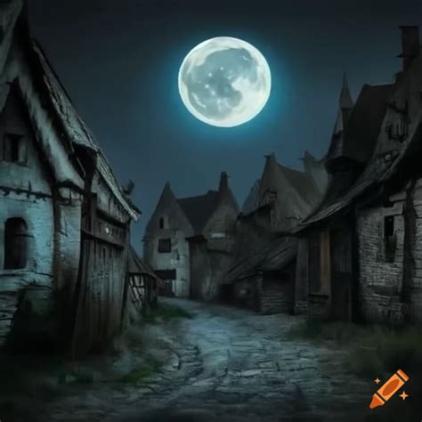 Forsaken medieval village in the moonlight