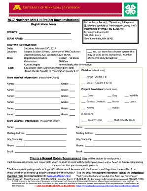 Fillable Online 2017 Northern MN 4-H Project Bowl Invitational ...