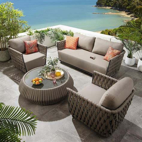 Modern Round Outdoor Coffee Table Glass Top Beige Rope Weave 120cm ...