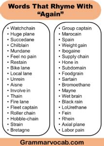 List of Words That Rhyme With Again | Download PDF - GrammarVocab