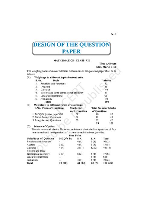 Mathematics Class XII Question Paper Design and Weightage Analysis ...