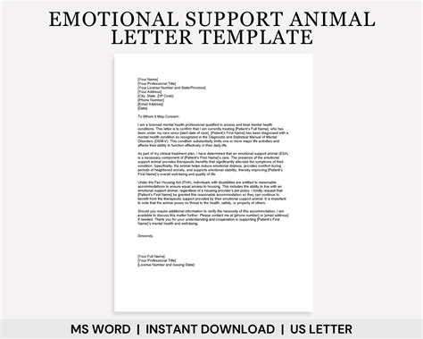 Emotional Support Animal Letter Template, ESA Letter Template, ESA ...