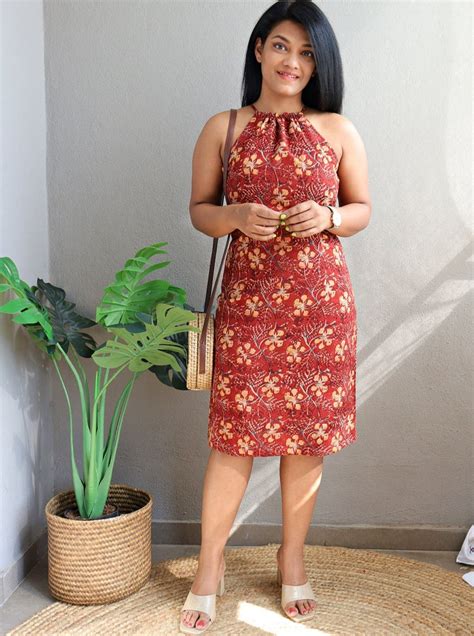 Azalia Red Floral Hand Block Printed Handloom Cotton Halter neck Dress ...