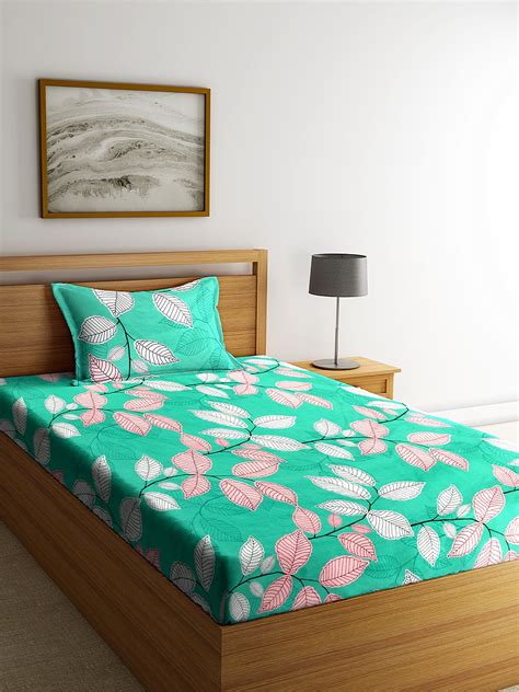 Klotthe Green Floral 210 TC Cotton 1 Single Bedsheet with 1 Pillow Cov ...