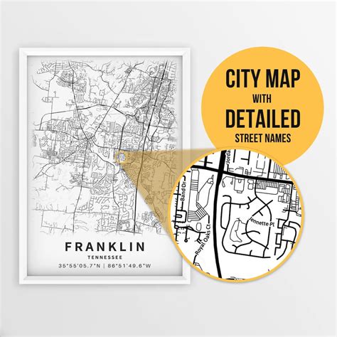 Printable Map of Franklin, Tennessee, USA With Street Names - Instant Download  City Map ...