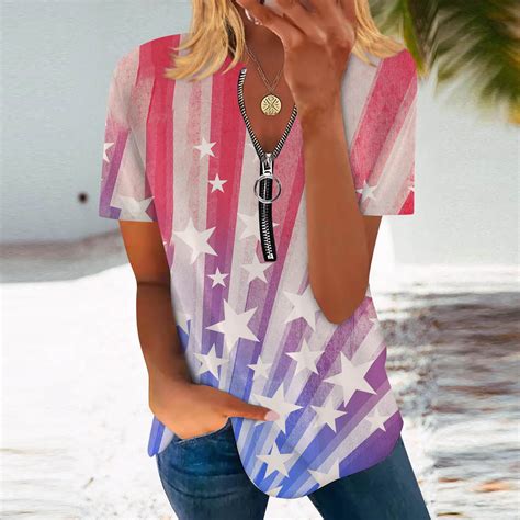 HIMIWAY Fourth of July Clothes Womens Tops Ladies Short Sleeve Zipper ...