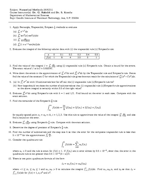 Numerical integration - Subject: Numerical Methods (MA221) Course ...