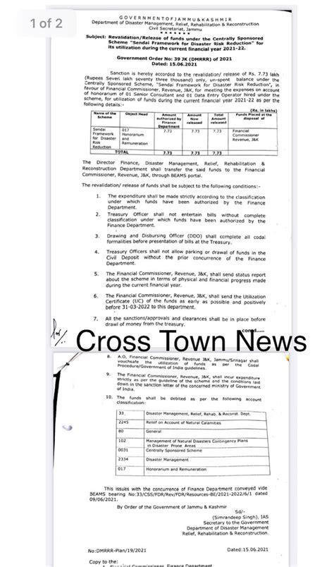 J&K: Revalidation/Release of funds for Disaster Risk Reduction