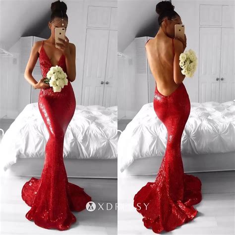 Backless V Neck Red Sequin Mermaid Long Prom Dress - Xdressy