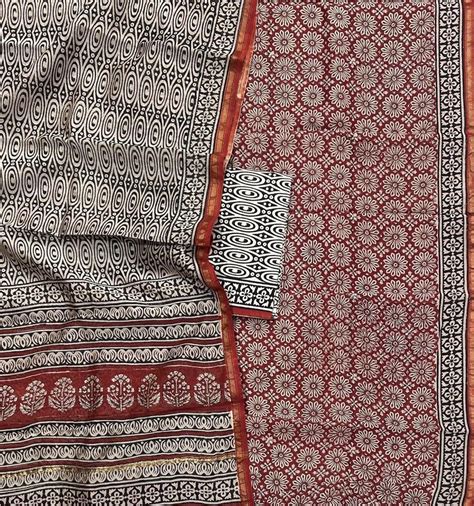 Red Black Classic Bagru Handblock Printed Chanderi Silk Cotton Unstitc ...