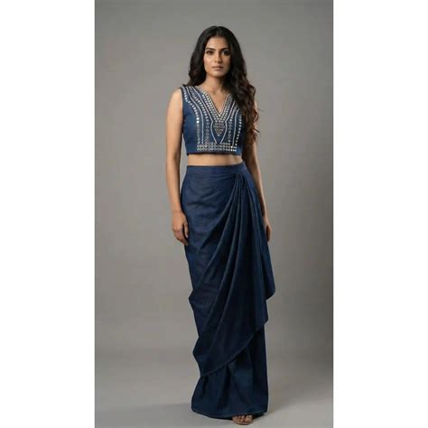 Blue Denim Crop top Draped Skirt Set – Swarna by Sangisathi