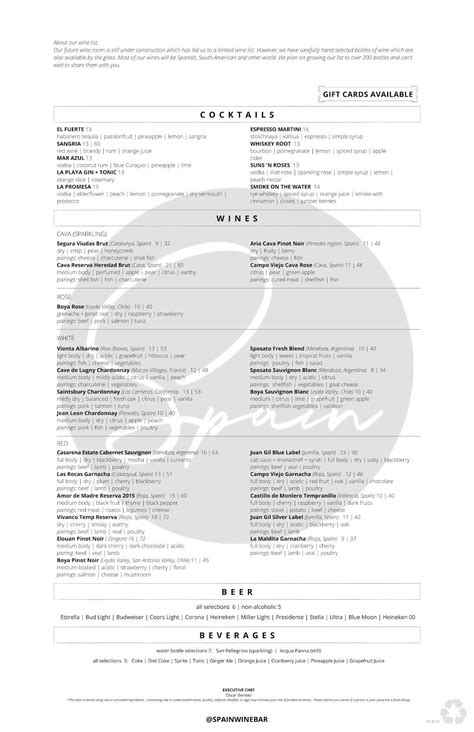 Menu at Spain Wine Bar, Ocean City, 13 St Louis Ave