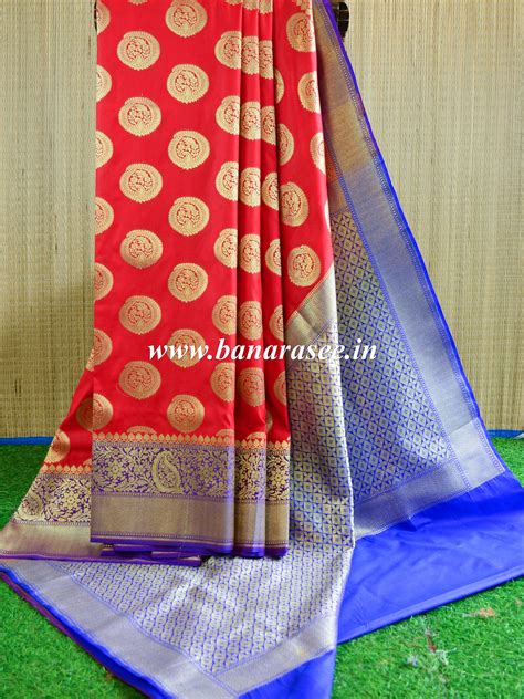 Banarasee Handwoven Semi-Katan Buta Design Saree-Red