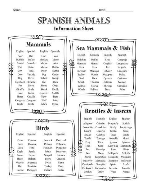 Spanish Animals Worksheet