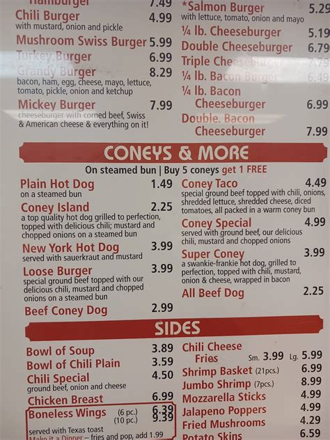 Menu at Grandy's Coney Island restaurant, Detroit, Outer Dr E