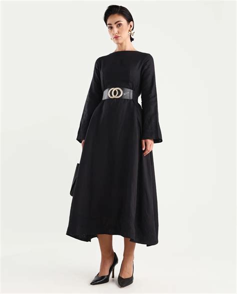 Rareism Women's Jander Black Linen Boat Neck Plain Maxi Fit And Flare