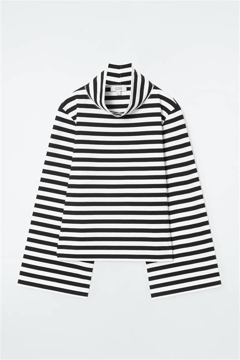 FUNNEL-NECK STRIPED LONG-SLEEVED T-SHIRT - BLACK / WHITE / STRIPED ...