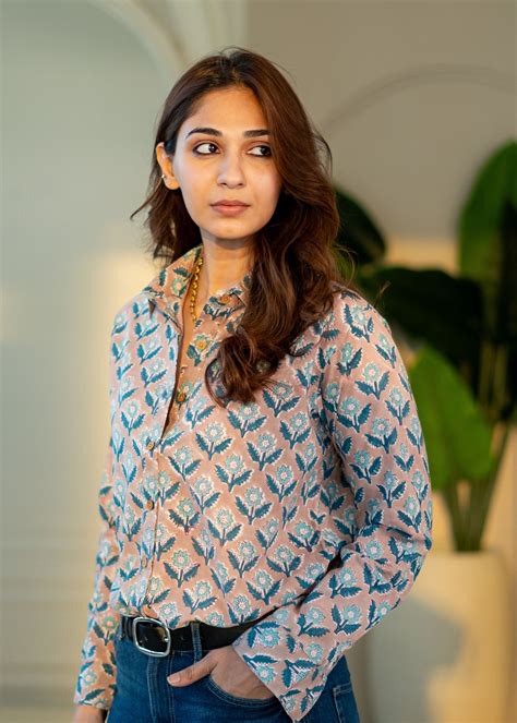 Blue Brown Floral Block Print Cotton Shirt