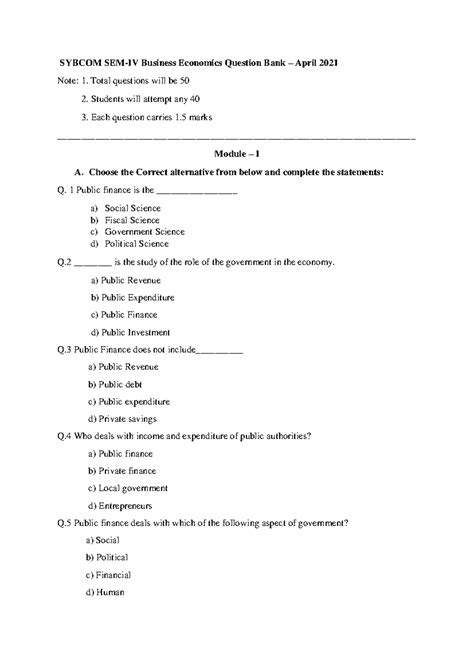 Business Economics SYBCOM SEM-IV Question Bank for Regular Exam - Studocu