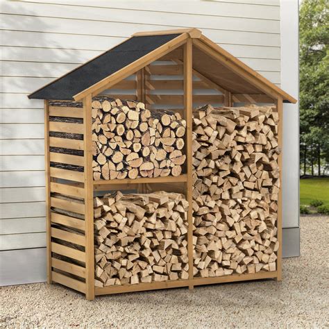 Sunjoy 69 inch Firewood Rack, Outdoor Wooden Storage Shed, Firewood ...