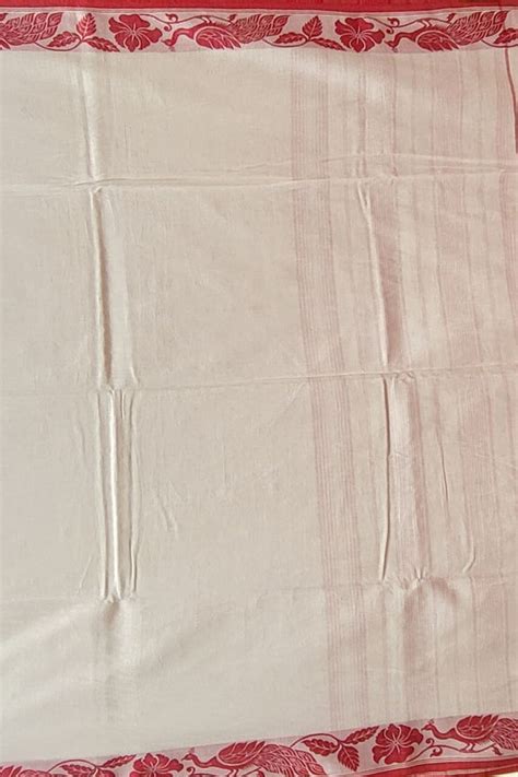 White Handloom Cotton Saree With Red Thin Border From Sundari