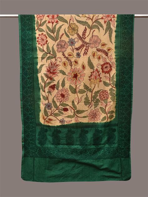 Cream and Green Kalamkari Hand Painted Cotton Silk Handloom Dupatta wi ...