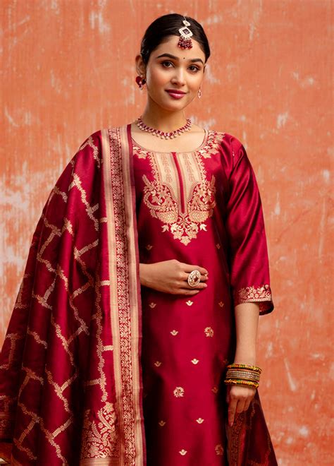 3 Pc Maroon Readymade Cotton Dupatta Suit Set