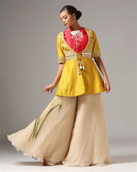 Mustard Raw Silk Embroidered Jacket Set – Yashodhara