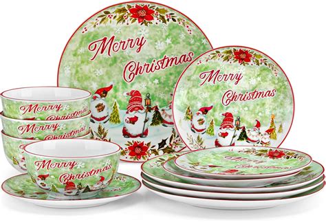 VEWEET Christmas Plates and Bowls Set for 4, 12 PCS Porcelain ...