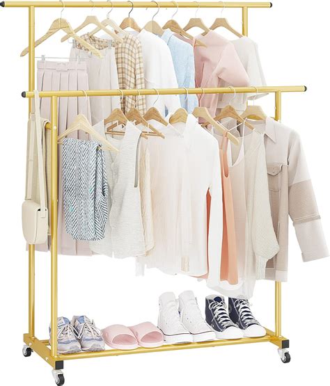 Calmootey Double Rod Clothing Garment Rack,Rolling Hanging Clothes Rack ...