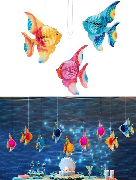 3pcs Ocean Party Decoration Set, Rainbow Honeycomb Fish Hanging ...