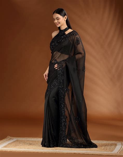 Blackout Bloom Embellished Festive Saree With Unstitched Blouse Fabric ...