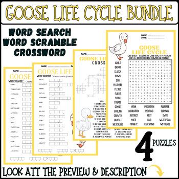 GOOSE LIFE CYCLE bundle - word search & word scramble & crossword