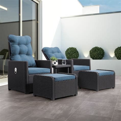 CorLiving Lake Front 5-Piece Rattan Patio Conversation Set with Blue ...