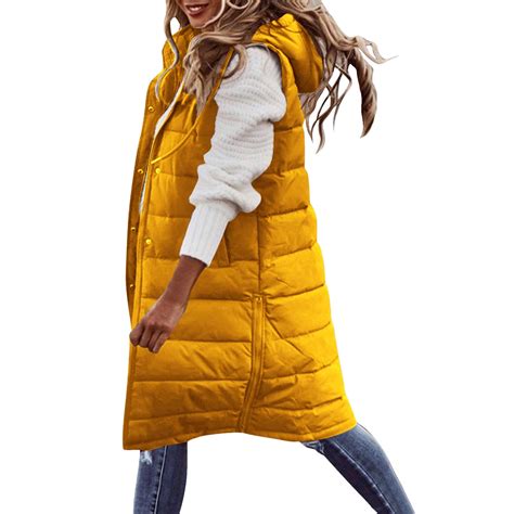 VINUSLI Women's Long Puffer Vest Jackets Hoodies Full Zipper Sleeveless ...