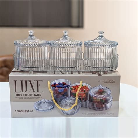 Di0362 LUXE Dry Fruit Transparent 3pc Jar with Lids & Stylish Tray (Mi ...