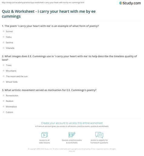 Quiz & Worksheet - i carry your heart with me by ee cummings | Study.com