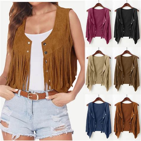 HaiMao Womens Vintage Western Fringe Vest Tops Classic 70s Cowboy Solid ...