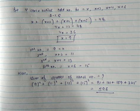 Sum of four consecutive odd numbers is 48 what is the sum of squares of ...