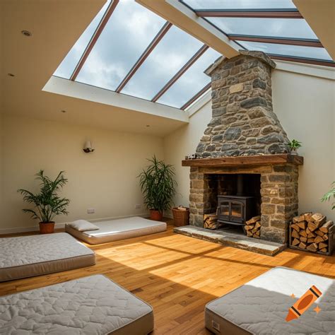 A sunroom with a large skylight, stone fireplace, and mattresses on the ...