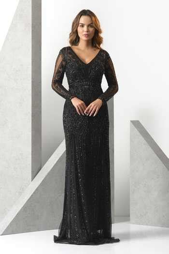 Buy Black Tulle, Polyester Sequins, Embroidery Plunge Neck Hand Gown ...