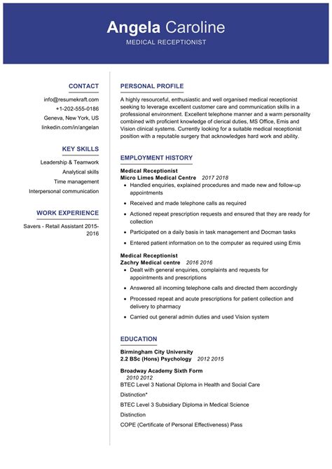 Medical Receptionist Resume Sample in 2026 - ResumeKraft