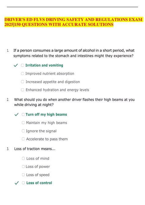 DRIVER'S ED FLVS DRIVING SAFETY AND REGULATIONS EXAM 2025|150 QUESTIONS ...