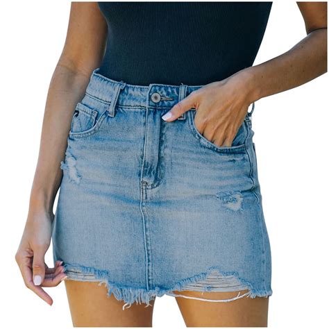 Qolati Wrap Denim High Waisted Frayed Pockets Short Skirt (Women's ...