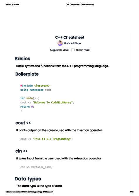 C++ cheatsheet - 9:38 PM Cheatsheet I CodeWithHarry Cheatsheet Haris ...